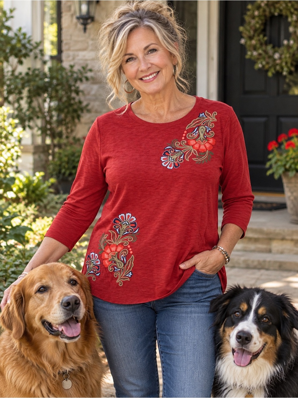 D&Co Embroidered Red 3/4-Sleeve Scoop Neck Top